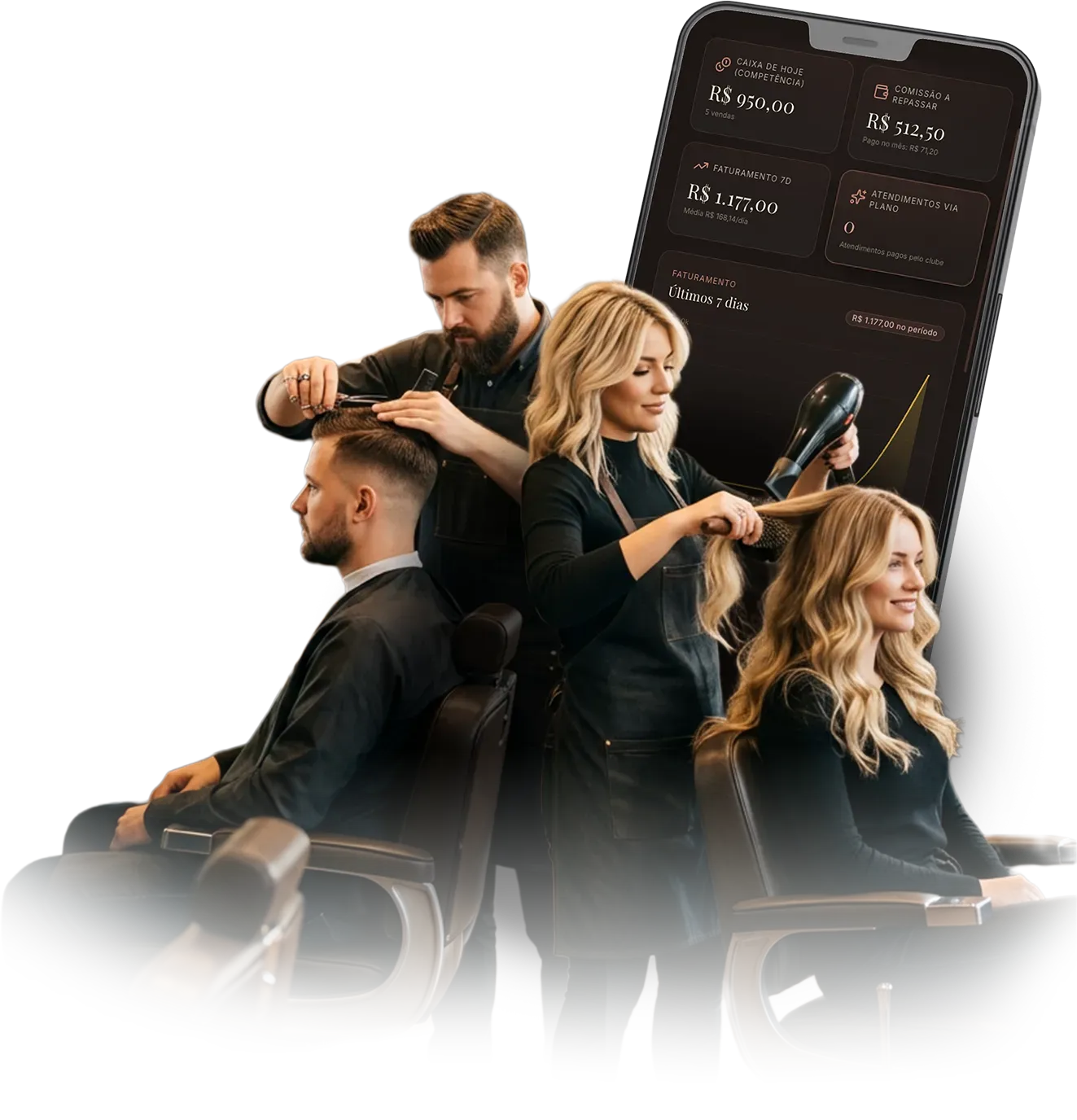 Equipe de um salão atendendo clientes e o painel do O Tal App no celular