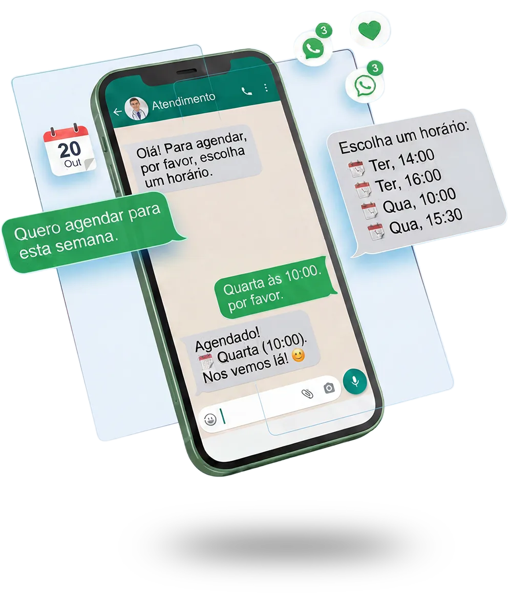 Conversa no WhatsApp: a Atendente IA entende o pedido, oferece horários e agenda sozinha